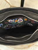 Oceanview Quilt Crossbody Bag - Medium Size *Charcoal Vinyl with Ragmaw Design House Pretty Pansies Fabric- Nickel Hardware