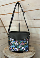 Oceanview Quilt Crossbody Bag - Medium Size *Charcoal Vinyl with Ragmaw Design House Pretty Pansies Fabric- Nickel Hardware