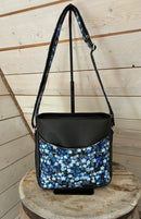 Oceanview Quilt Crossbody Bag - Medium Size *Charcoal Vinyl with Ragmaw Design House Forget Me Nots Fabric- Nickel Hardware